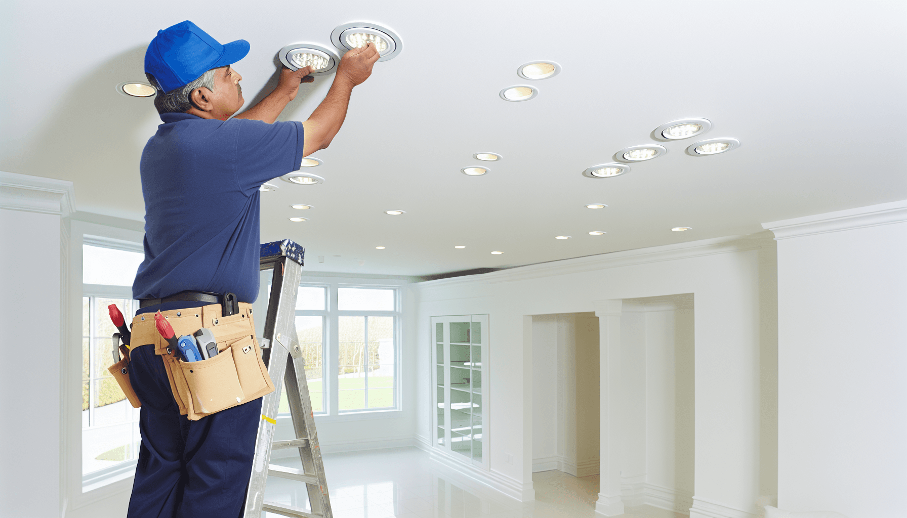 Elektriker installerer LED spotlights i loft