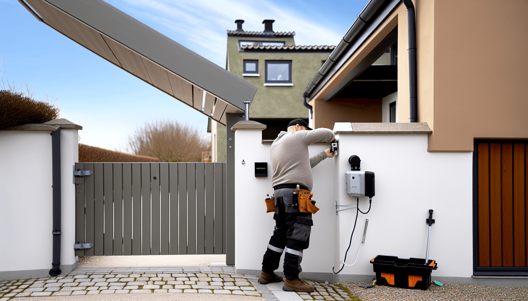 Håndværker installerer motor på elektrisk indkørselsport