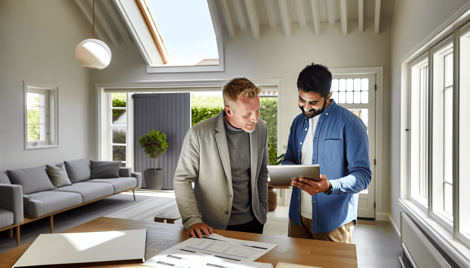 Boligejer gennemgår tilbud på tablet sammen med håndværker
