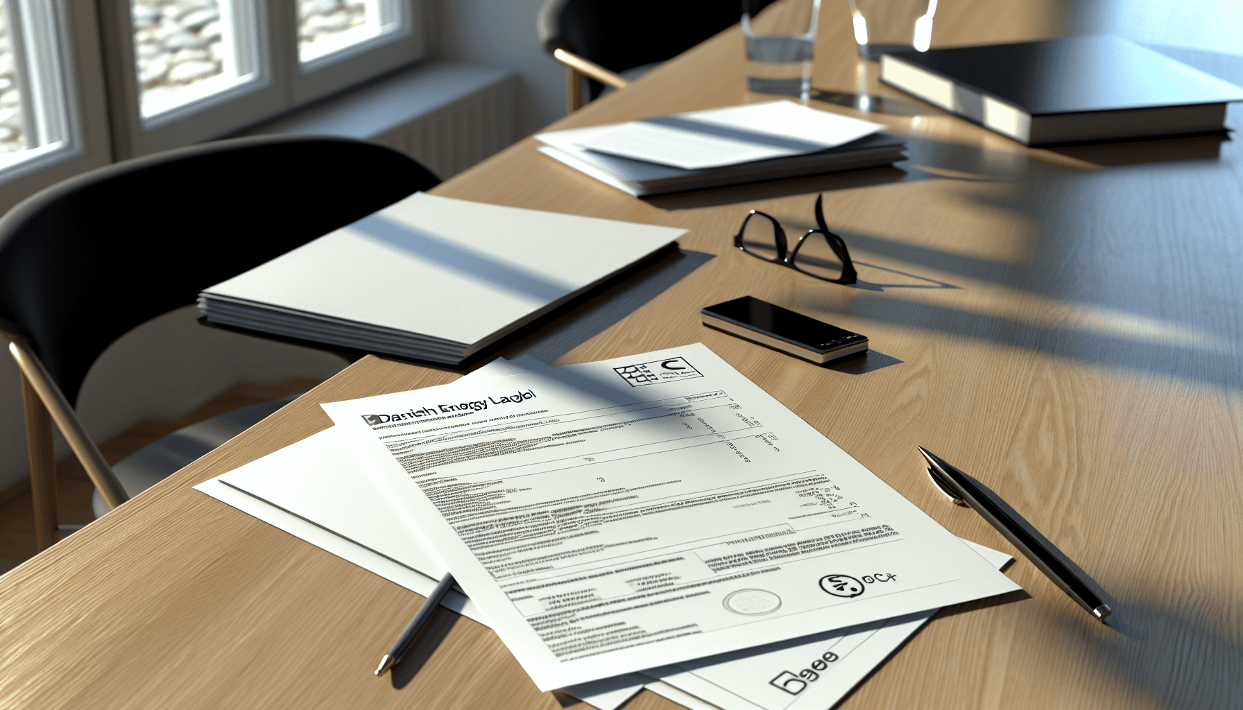 Energimærke certifikat med beregninger på bord