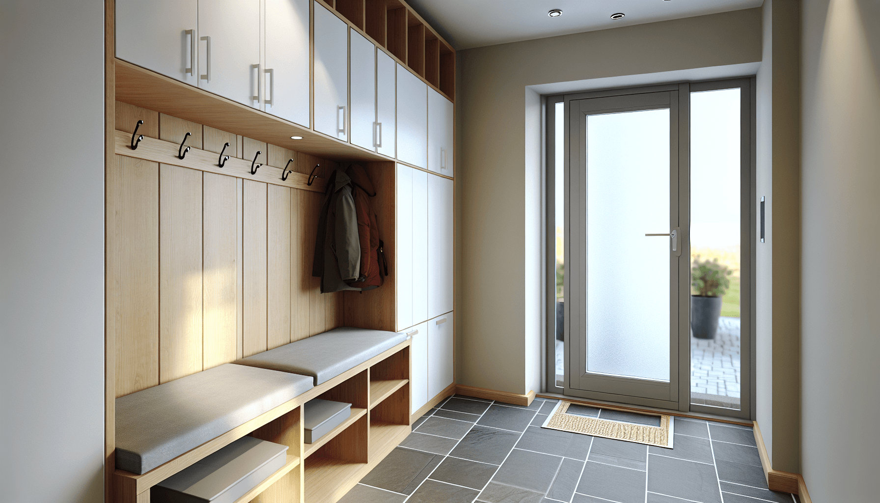 Moderne dansk entré med indbyggede skabe og bænk