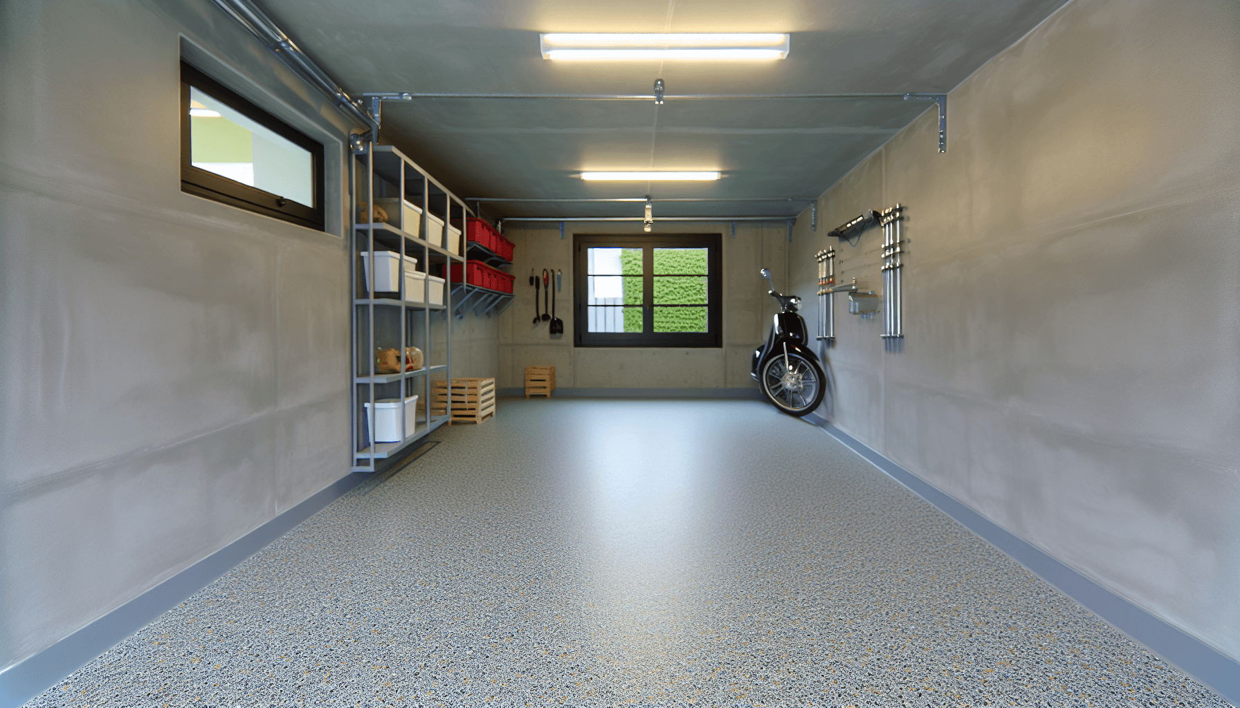 Moderne garagegulv med dekorativ grå epoxy og farvede flager