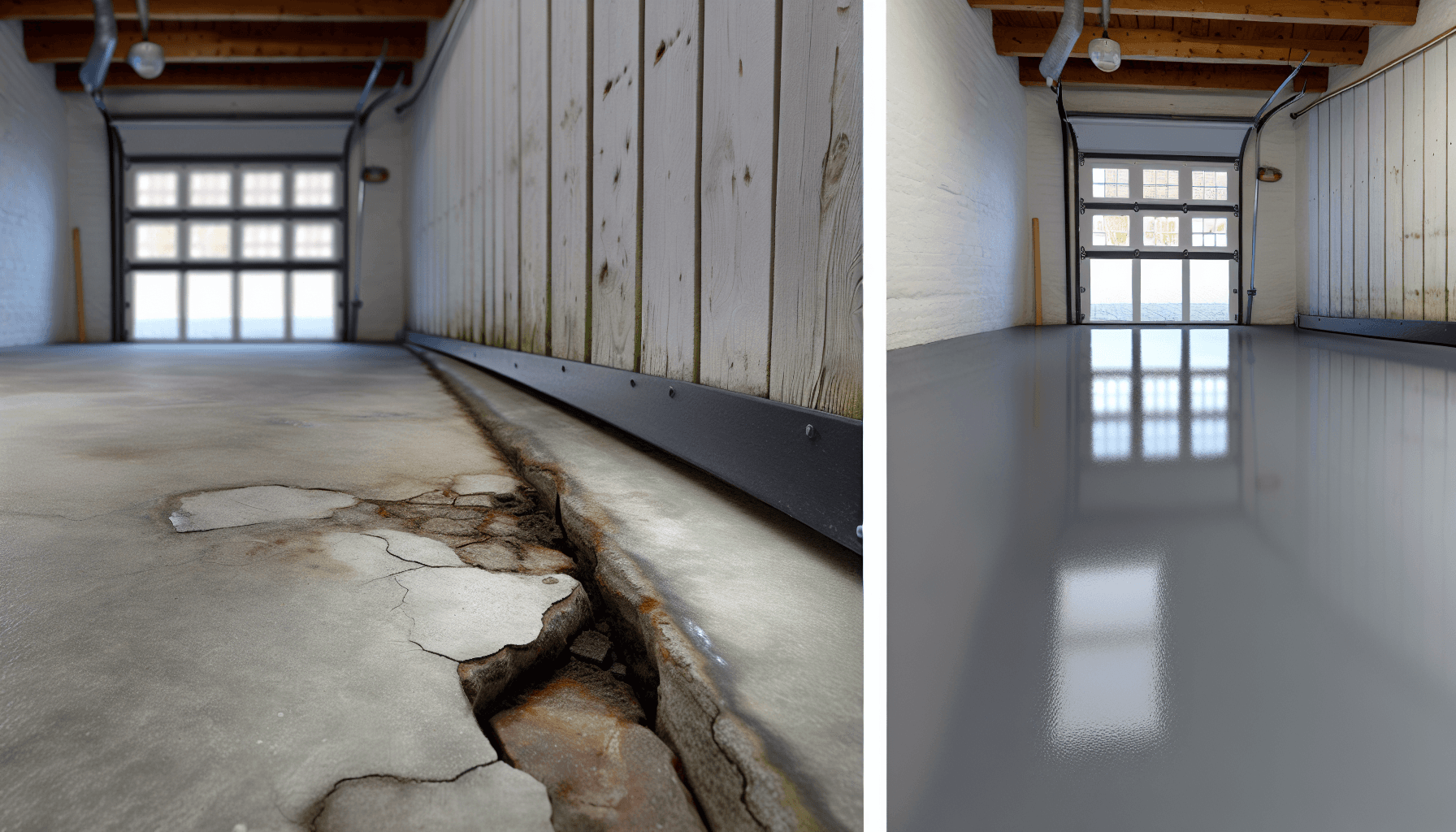 Før og efter billede af garagegulv renovering