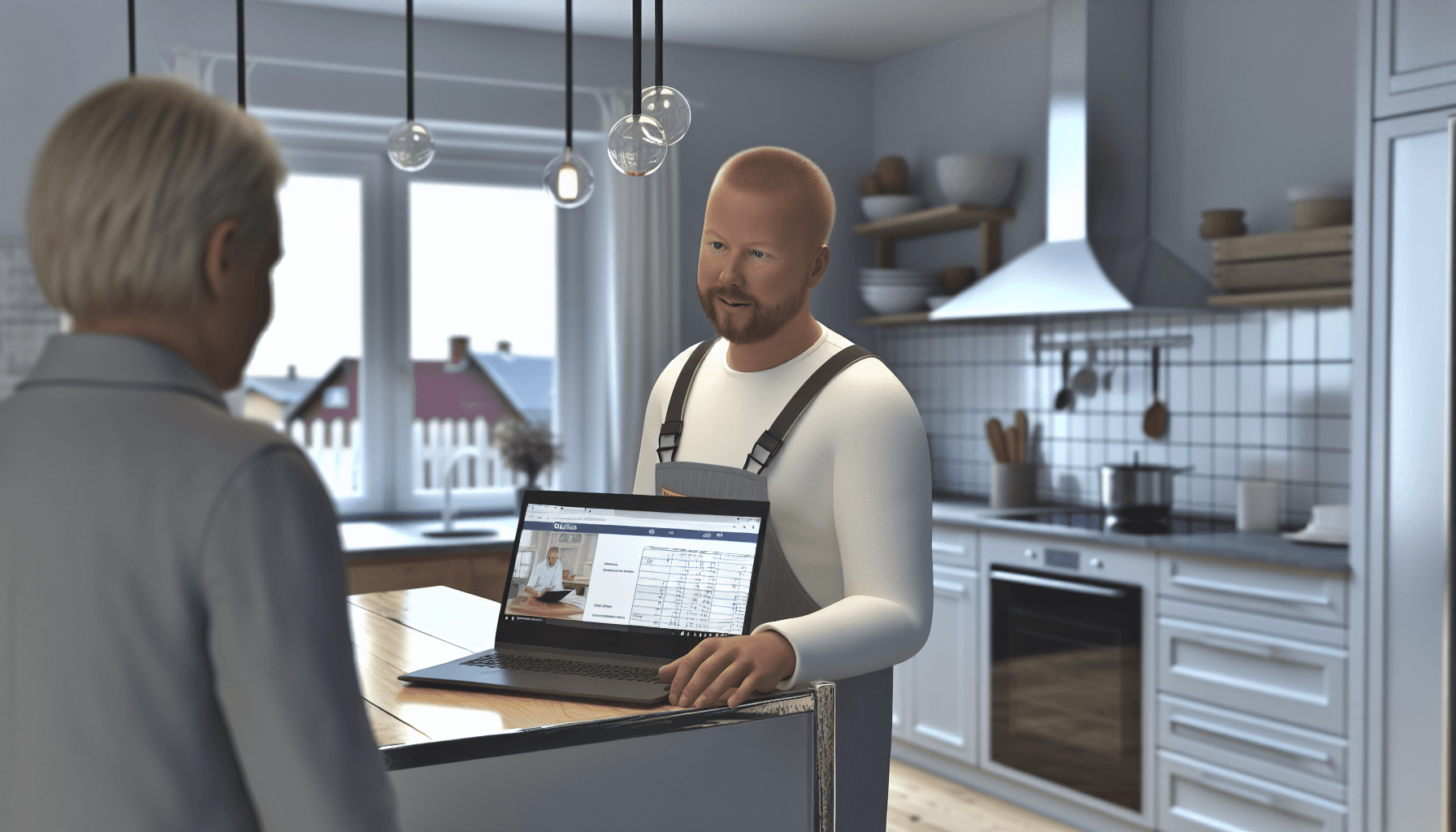 Håndværker der giver tilbud til kunde foran computer