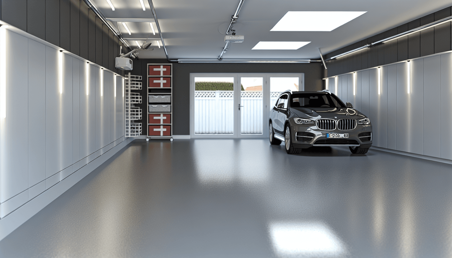 Færdigt moderne epoxy gulv i garage med bil og organiseret opbevaring