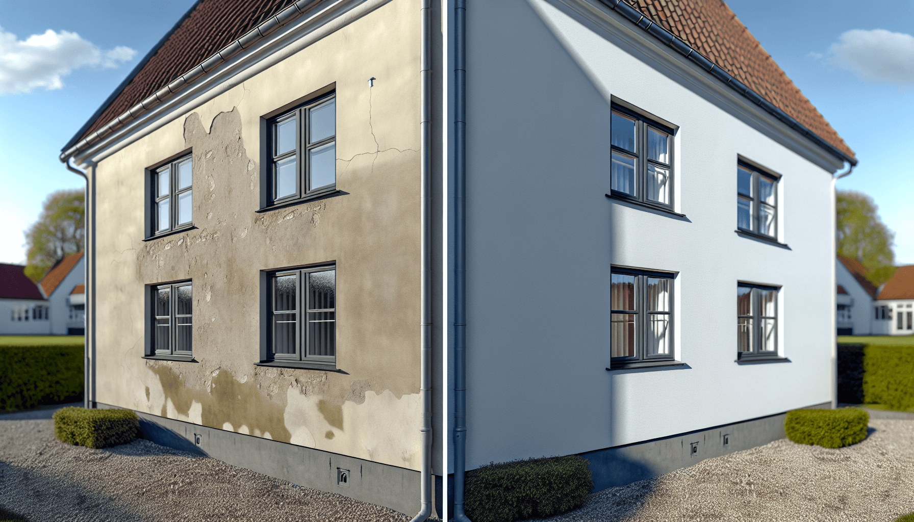 Sammenligning af gammel og renoveret facade