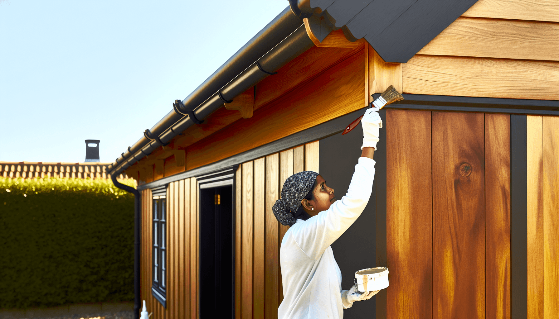 Maler der arbejder på træfacade med professionelt udstyr