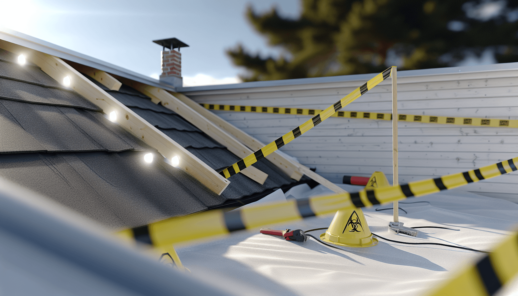 Komplet sikkerhedsopsætning ved asbest tagfjernelse med afspærring og beskyttelsesudstyr