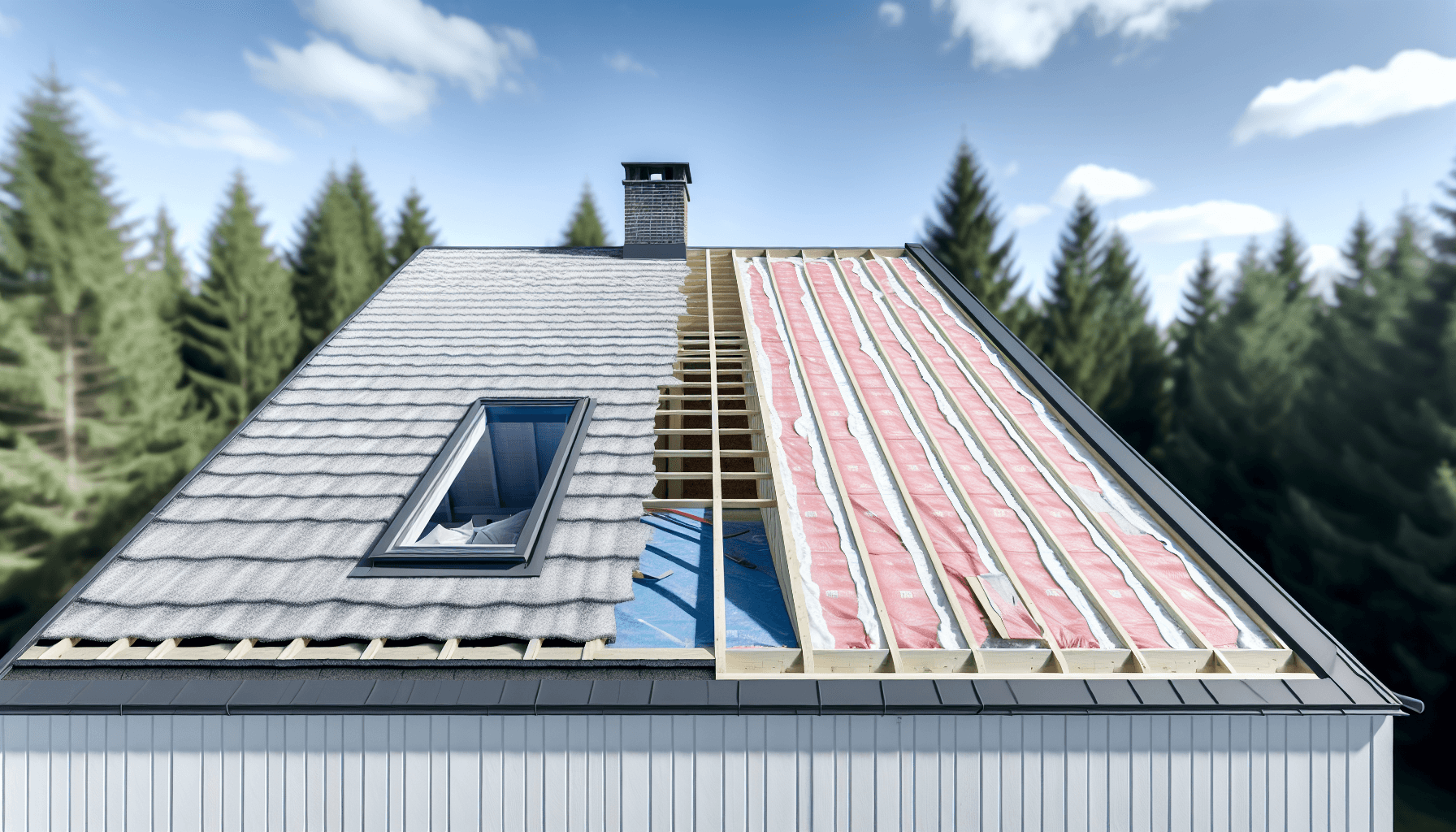 Nyt tag under opbygning efter asbestfjernelse med synligt undertag og isolering