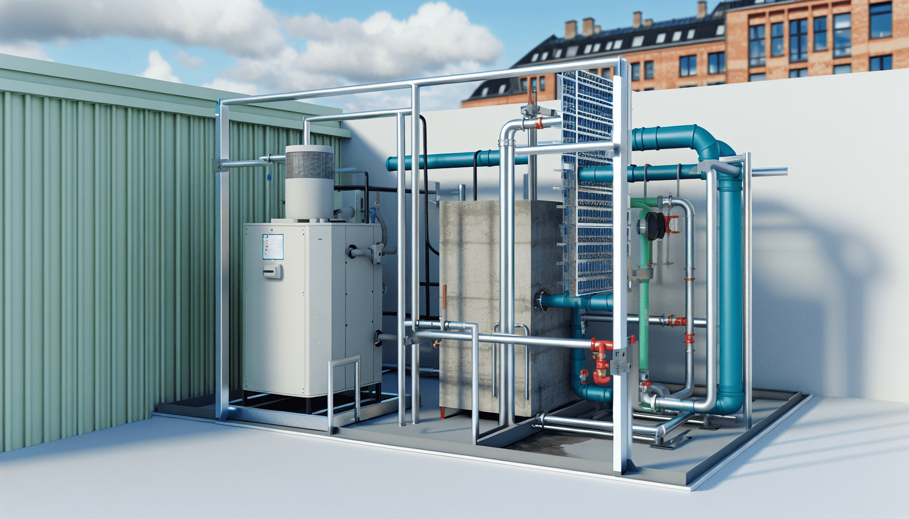 Teknisk diagram der viser fjernvarme og varmepumpe system