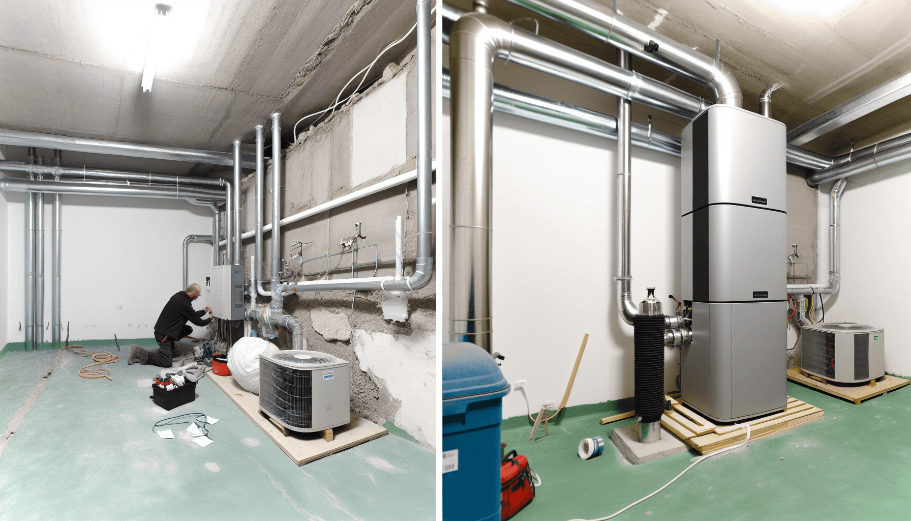 Split-billede af fjernvarme og varmepumpe installation