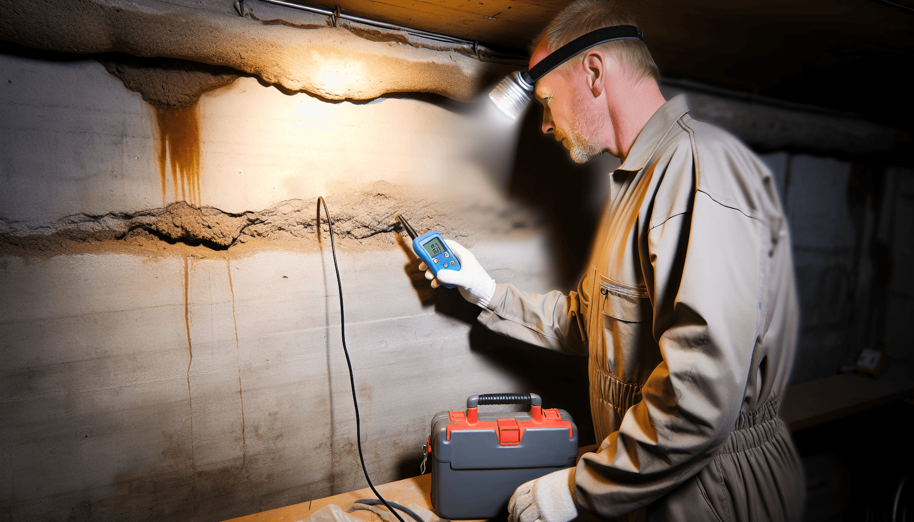 Håndværker inspicerer kælder for fugtskader