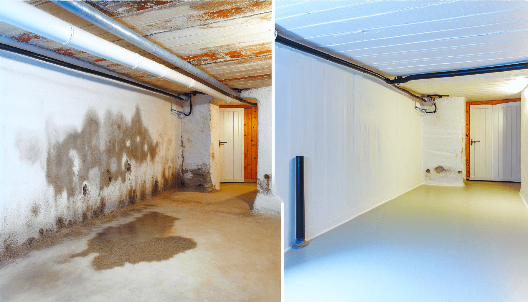 Før og efter billeder af kælder med fugtproblemer og efter fugtsikring