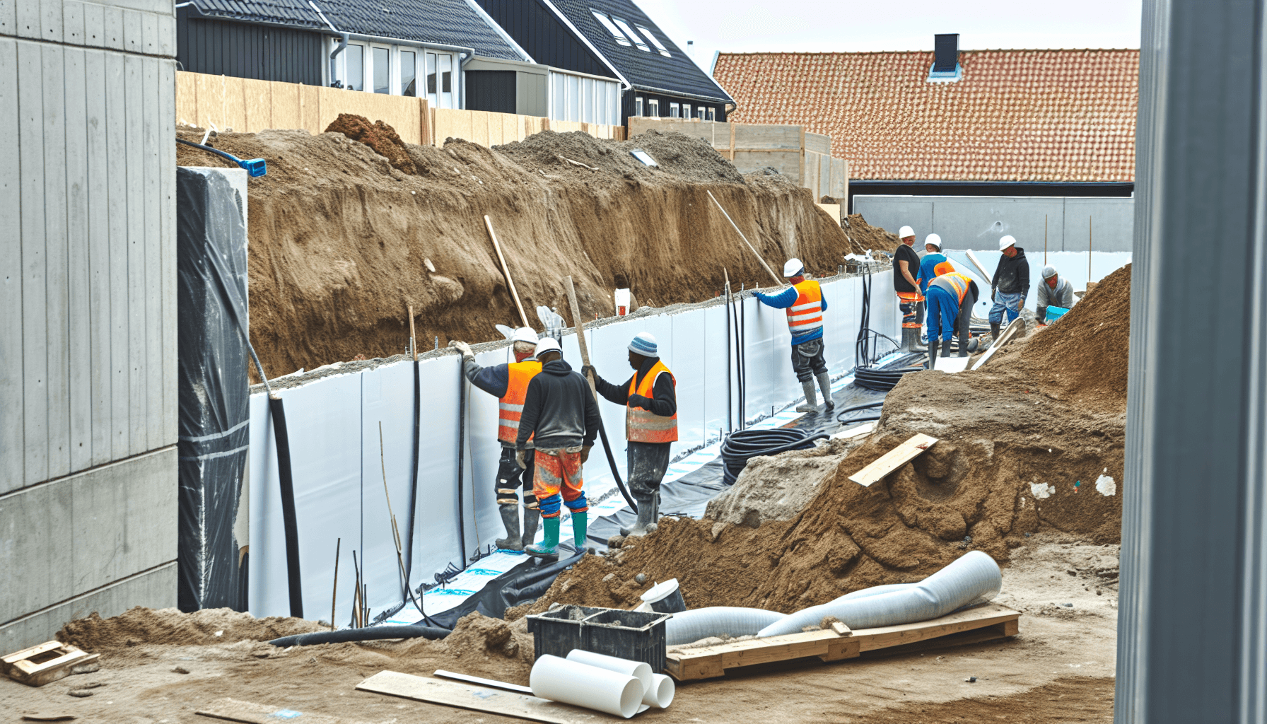 Håndværkere udfører udvendig kælderfugtsikring med udgravning og membraninstallation