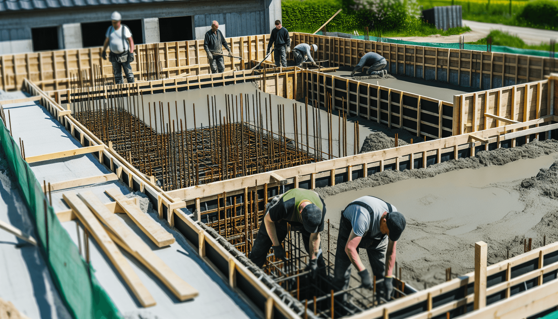 Moderne fundamentarbejde under udførelse med fagfolk