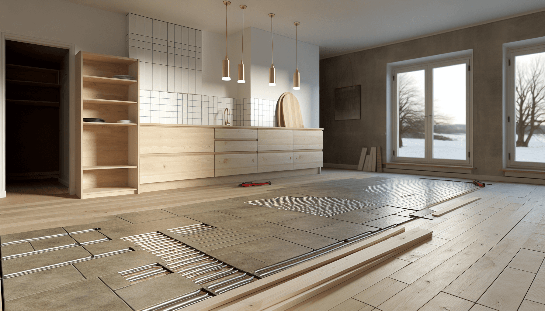 Moderne dansk køkken med gulvvarme under installation