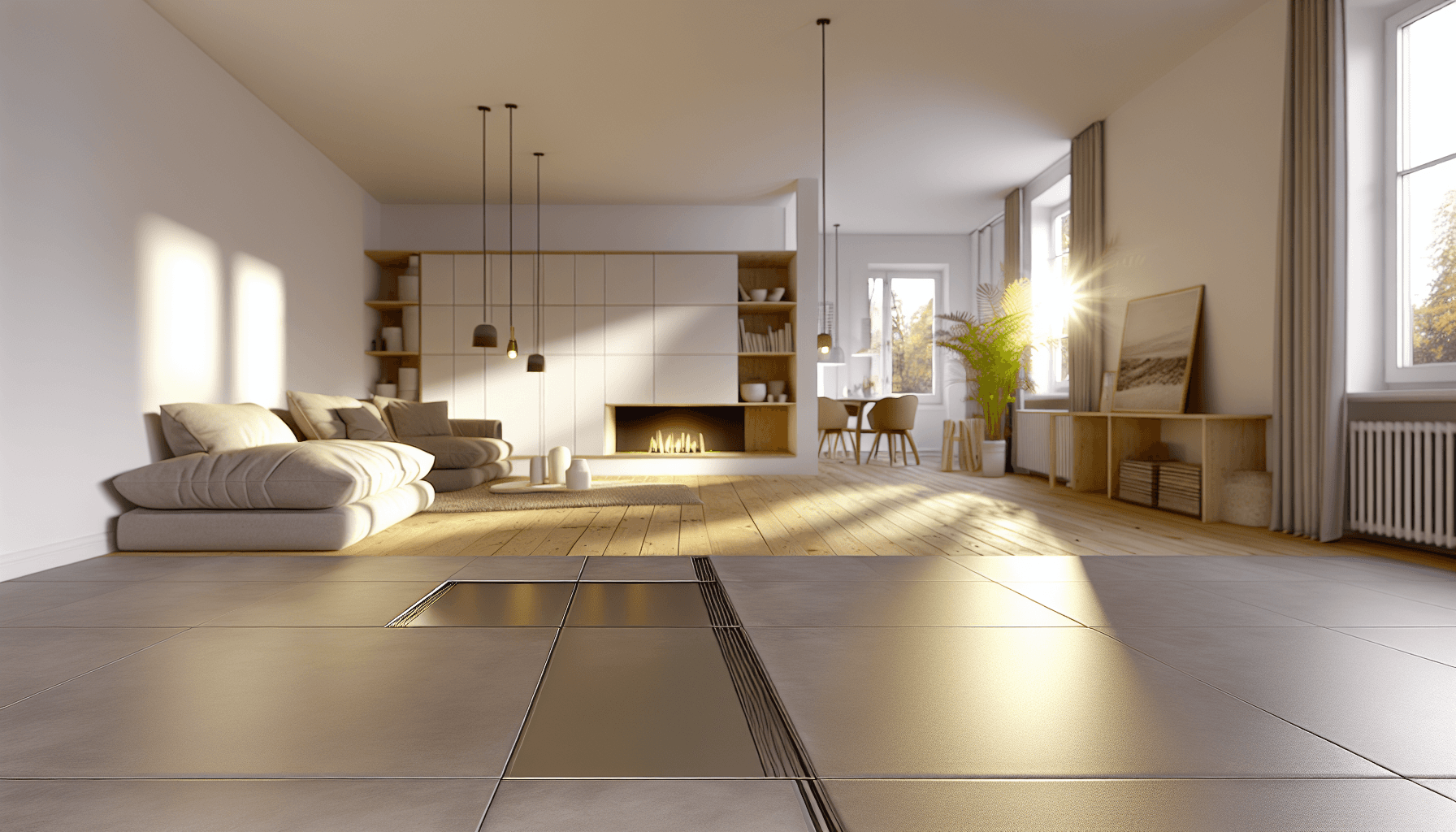 Færdig gulvvarme installation i dansk stue med fliser