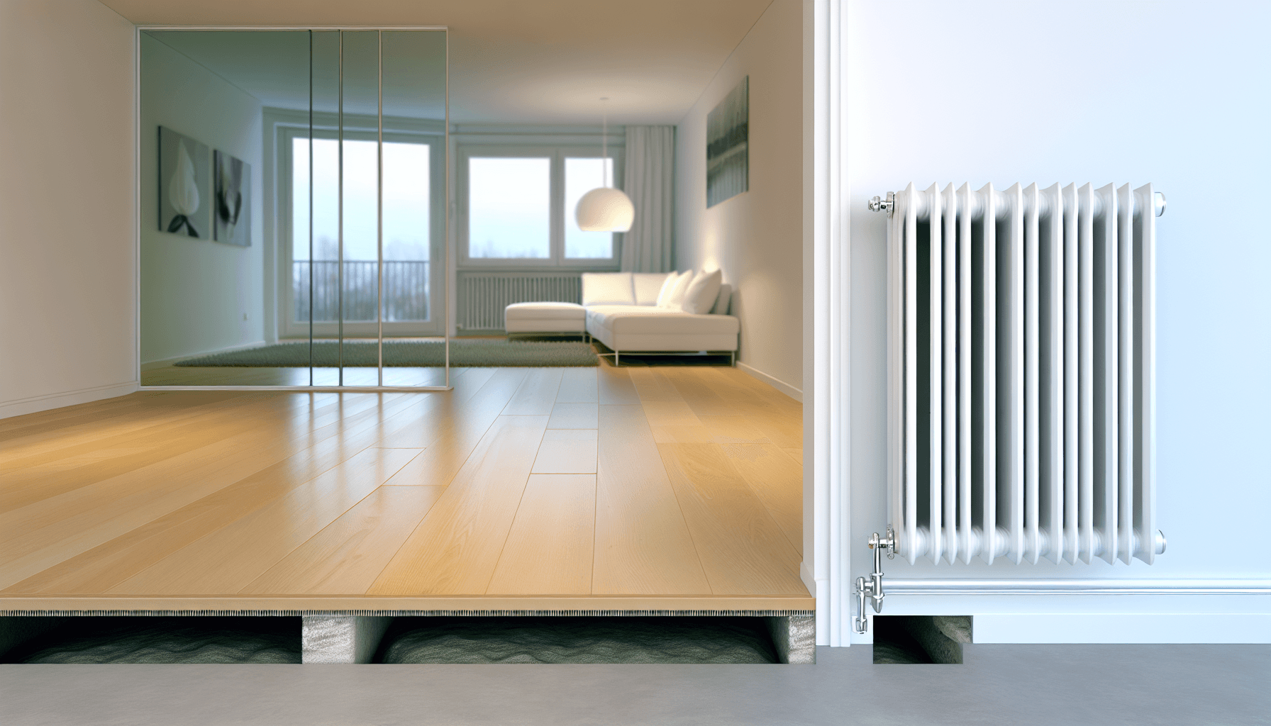 Moderne stue med gulvvarme under laminatgulv og traditionelle radiatorer