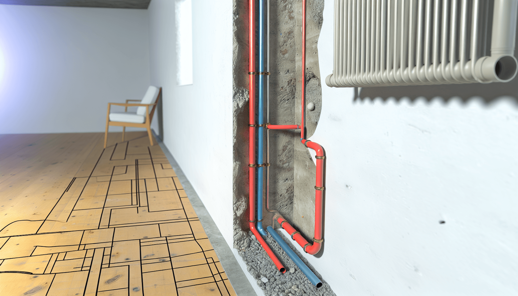 Teknisk illustration af gulvvarme vs radiator systemet