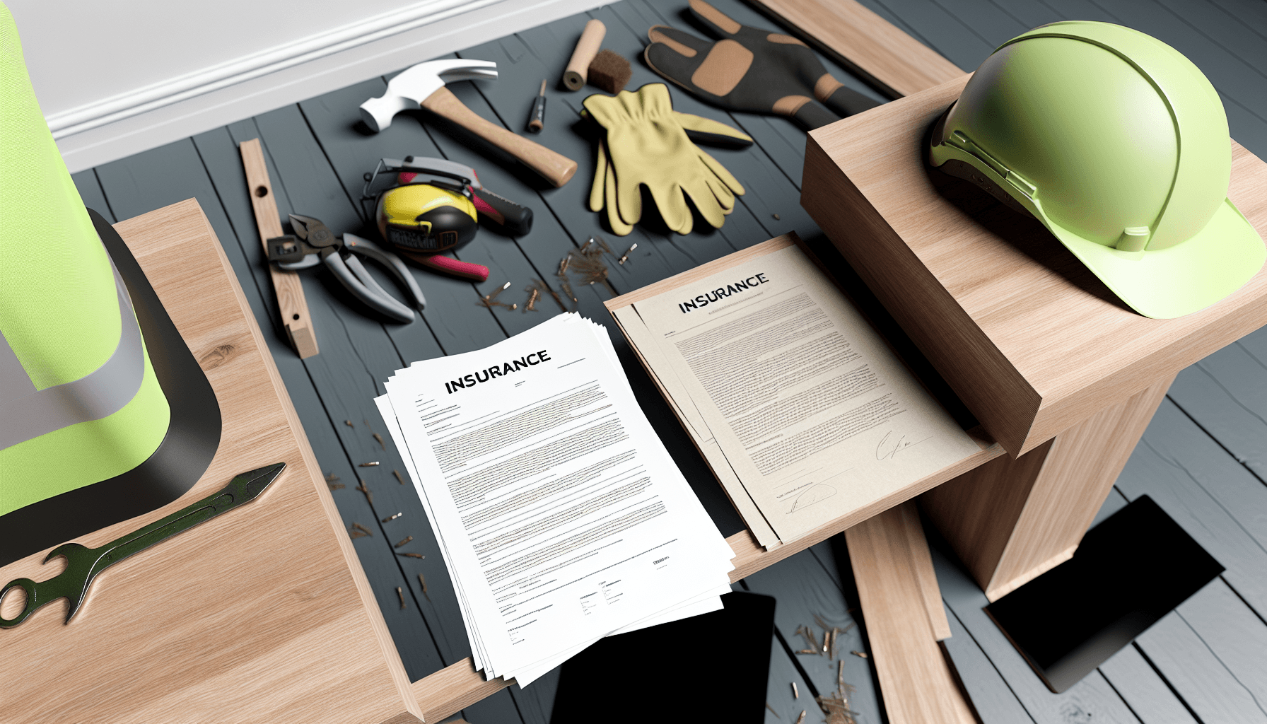 Forsikringspapirer og kontrakt på bord med håndværkerværktøj