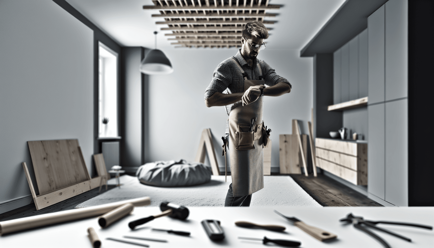 Håndværker der arbejder med værktøj mens han tjekker tiden