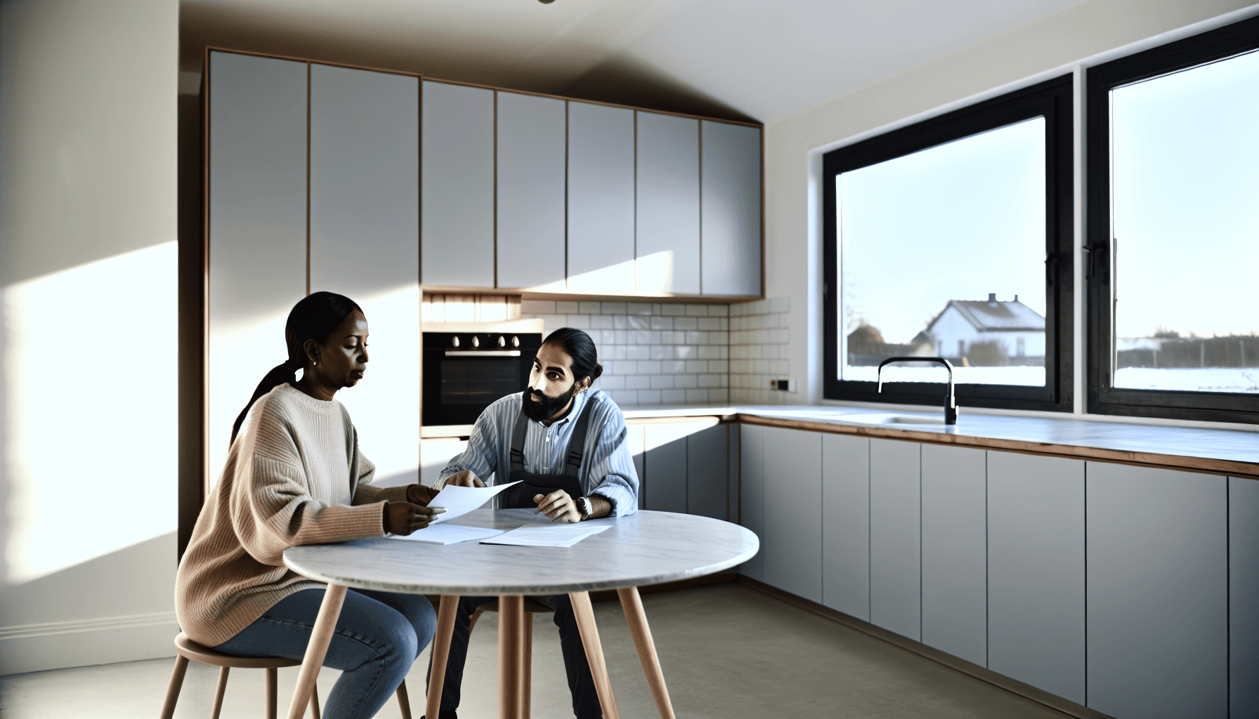 Håndværker og husejer der gennemgår kontrakt