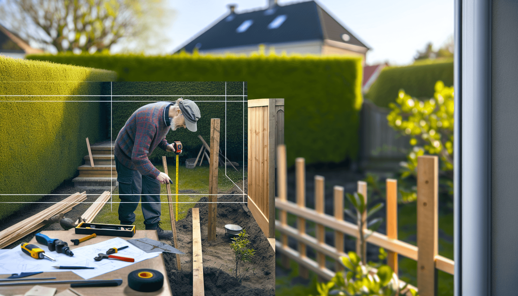Håndværker opstiller hegn med værktøj og materialer