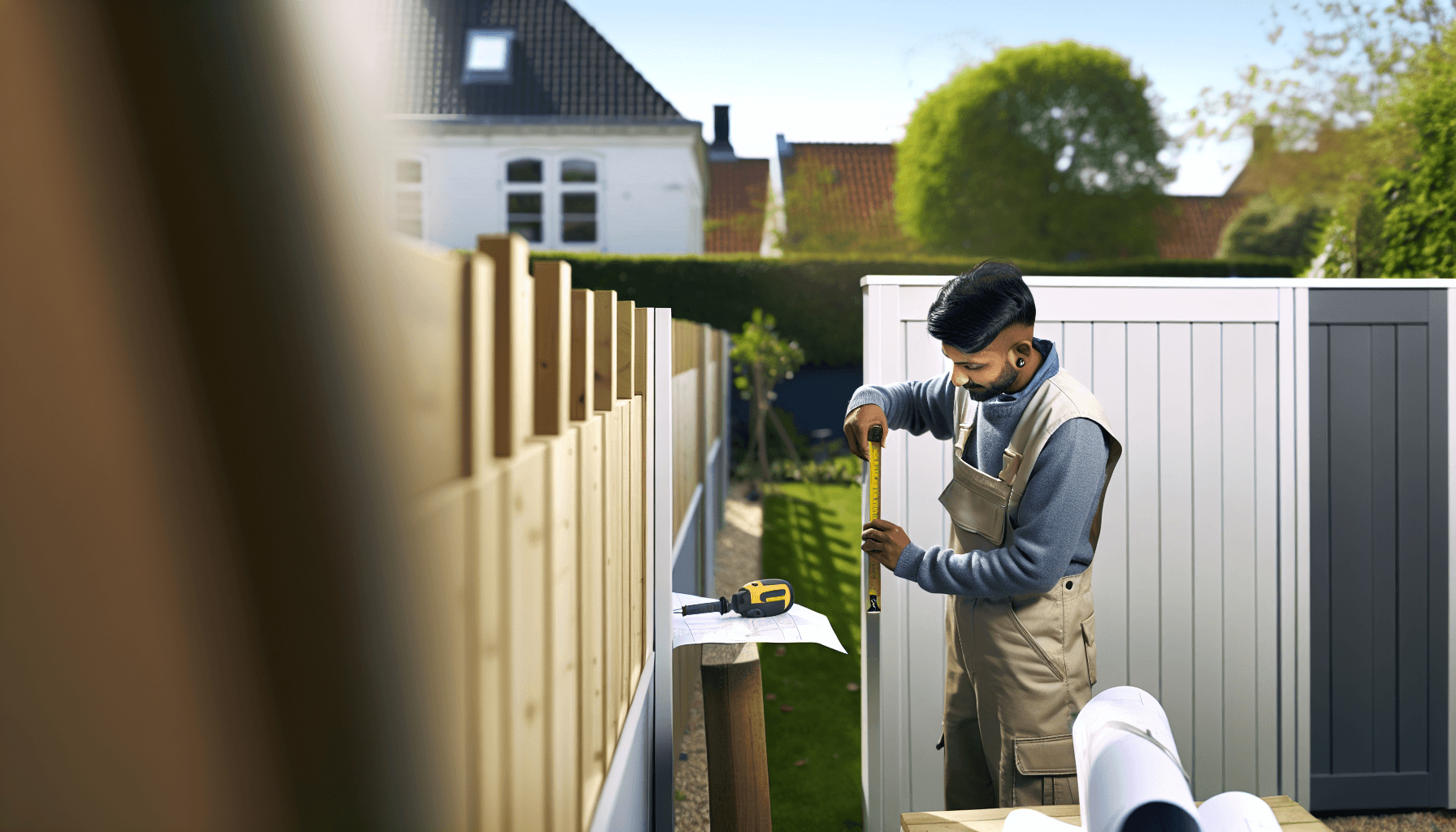 Håndværker måler og planlægger hegnopgave