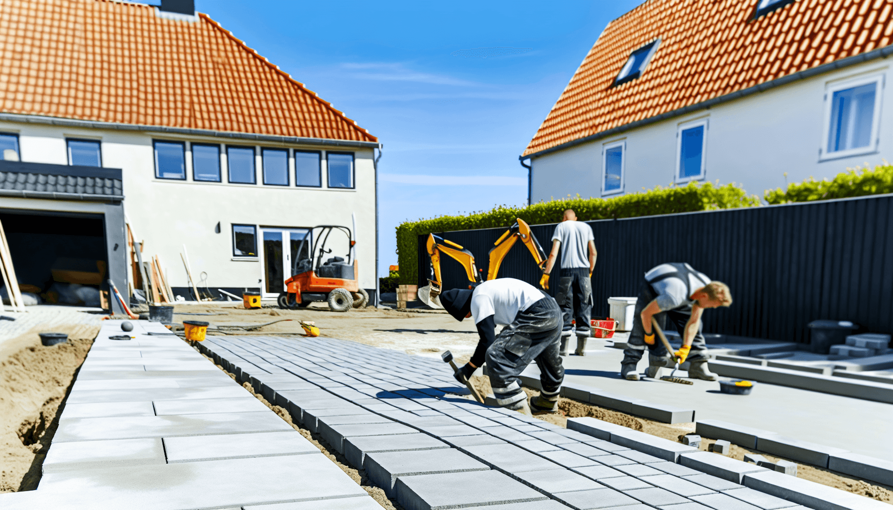 Håndværkere lægger fliser til indkørsel med maskiner og værktøj