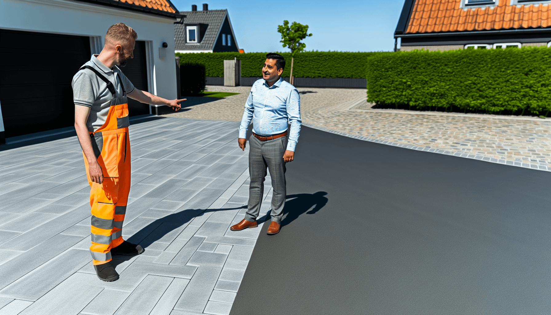 Professionel håndværker viser kunde færdig indkørsel og forklarer garantibestemmelser