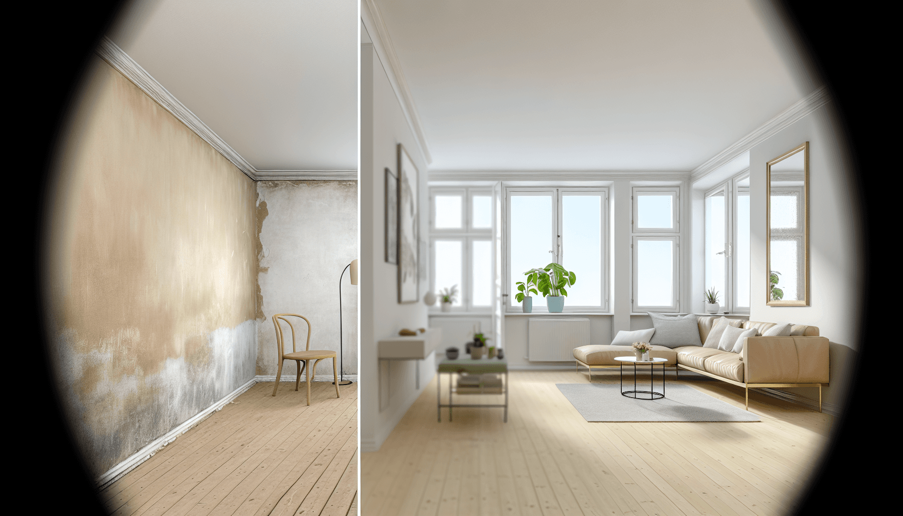Før og efter sammenligning af malet værelse