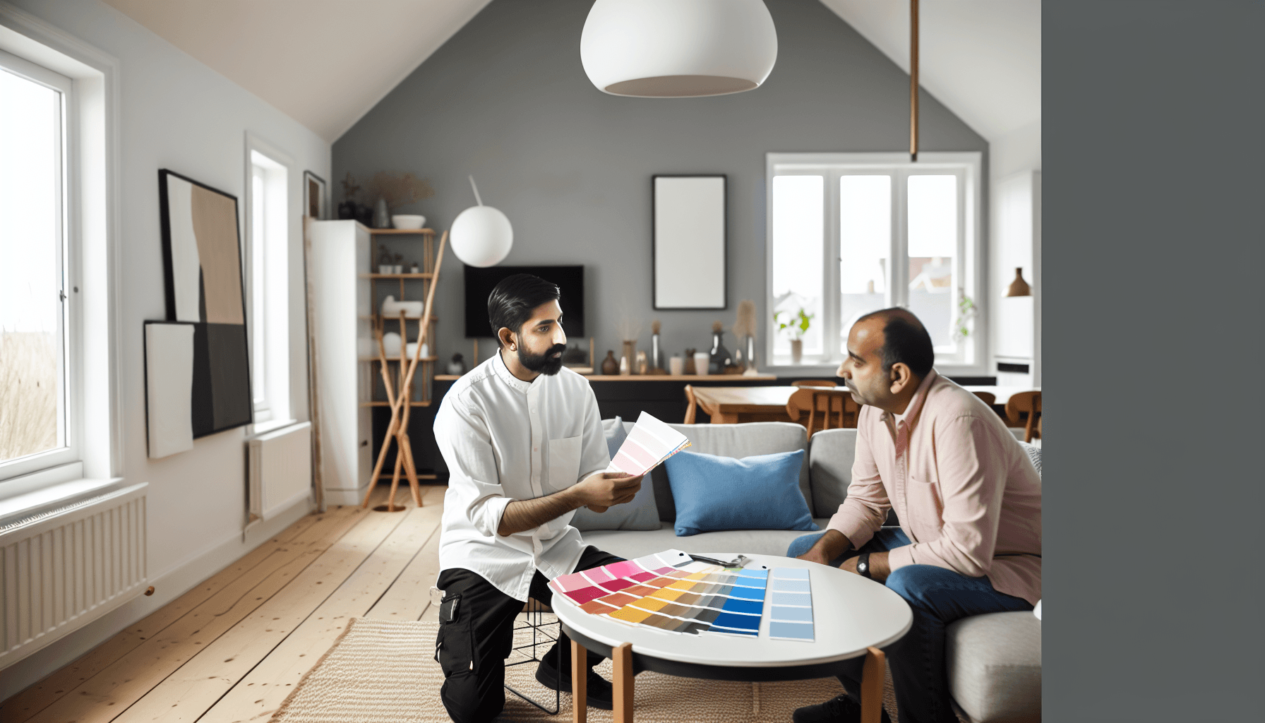 Malermester viser farveprøver til kunde