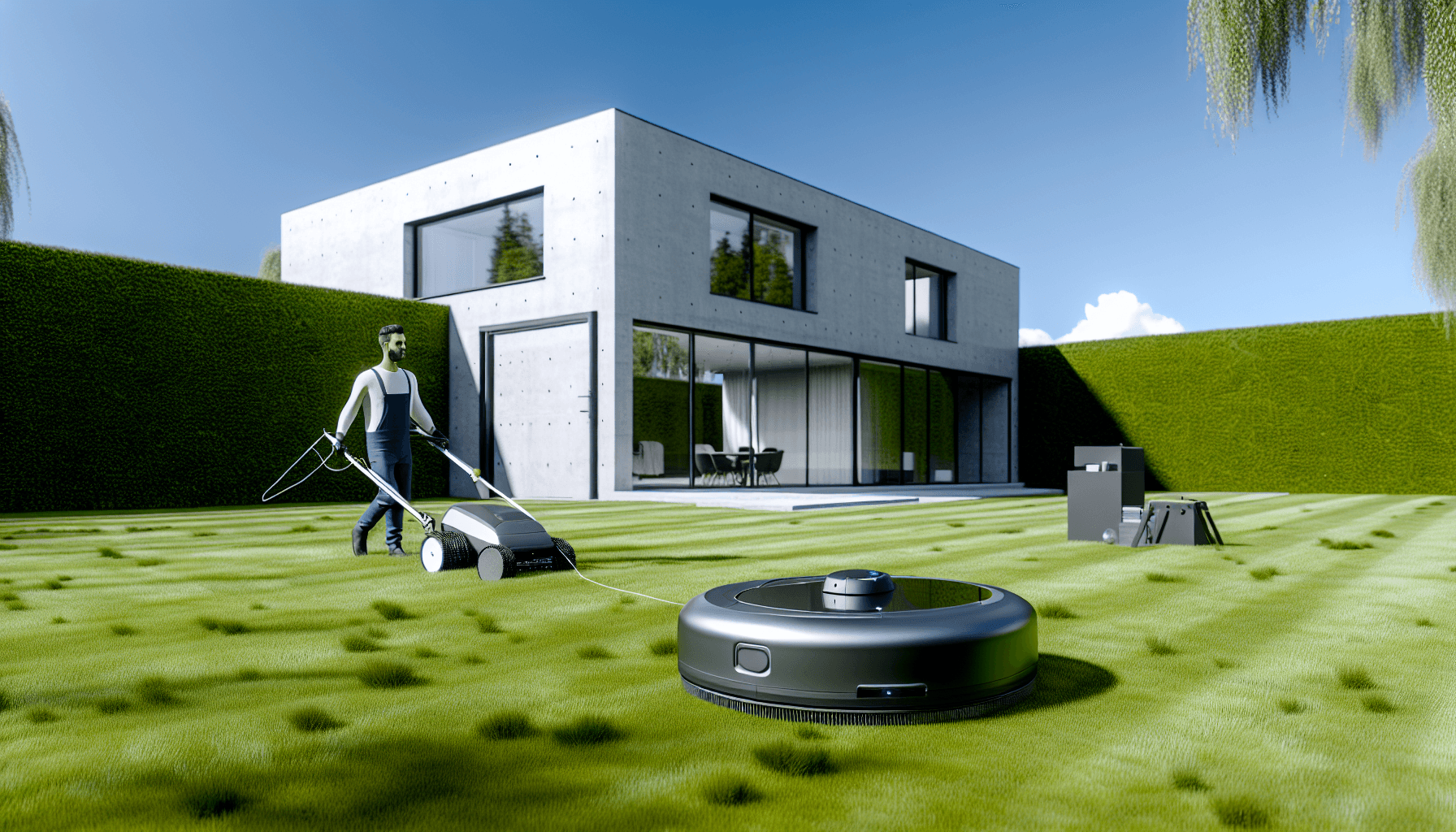 Moderne robotplæneklipper på grøn plæne foran dansk villa med håndværker der installerer perimertertråd