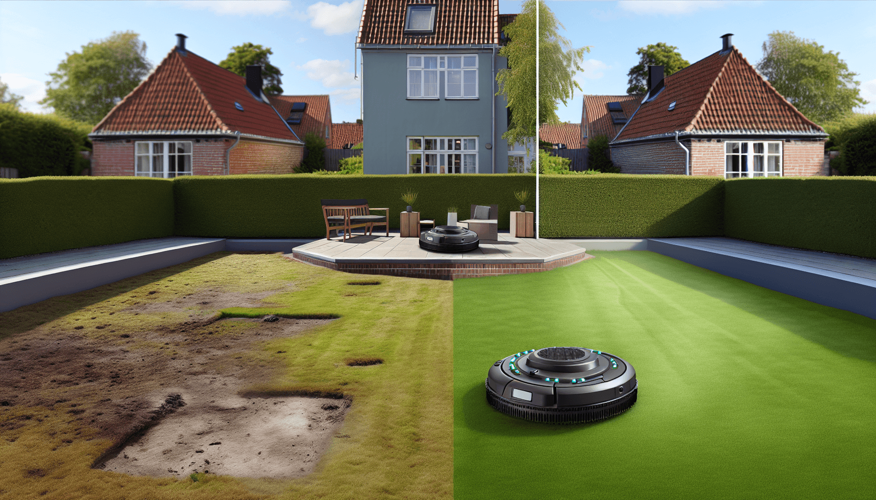 Før og efter billede af dansk have med nyinstalleret robotplæneklipper system