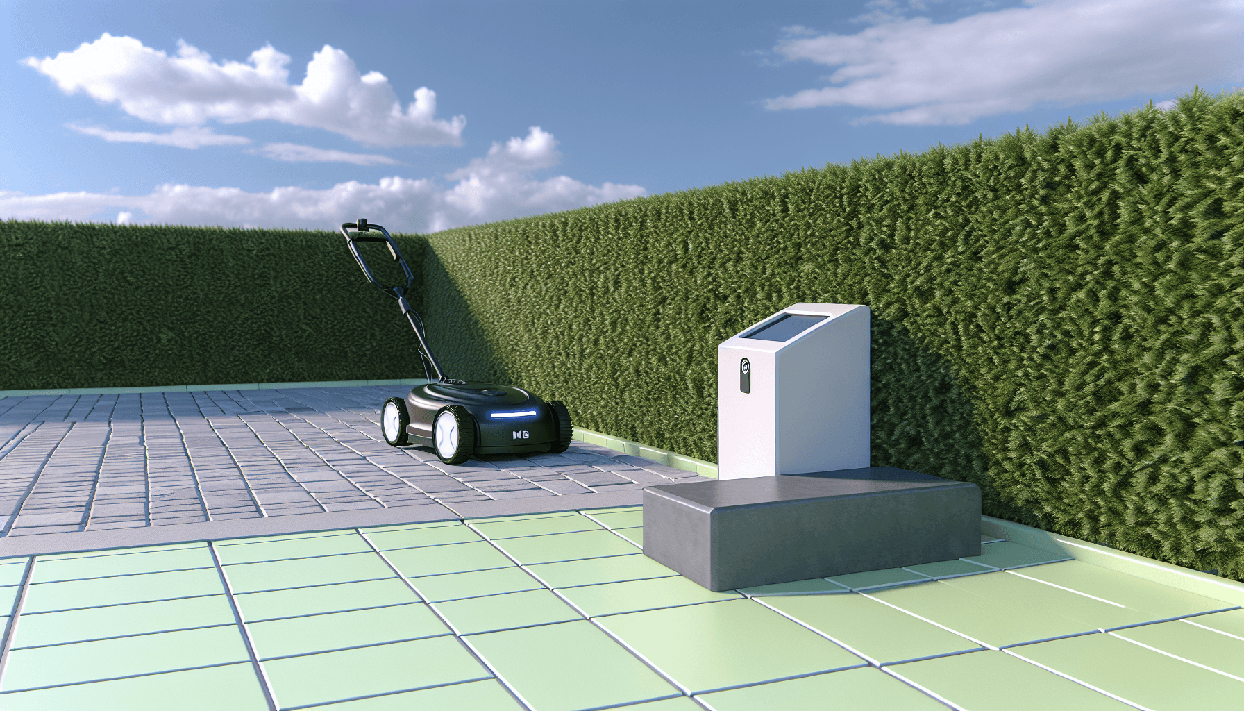 Ladestation placeret på fliser ved hæk med robotplæneklipper på vej til opladning