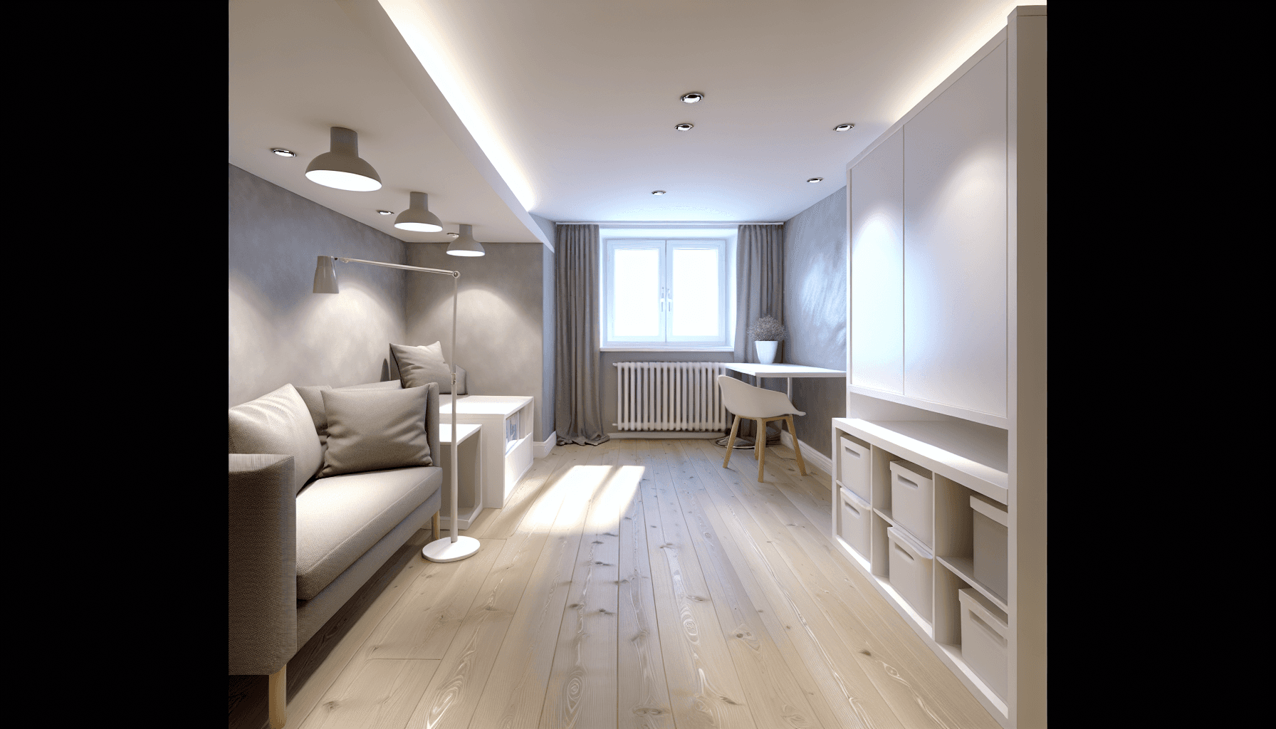 Færdigrenoveret kælder med stue og arbejdsområde