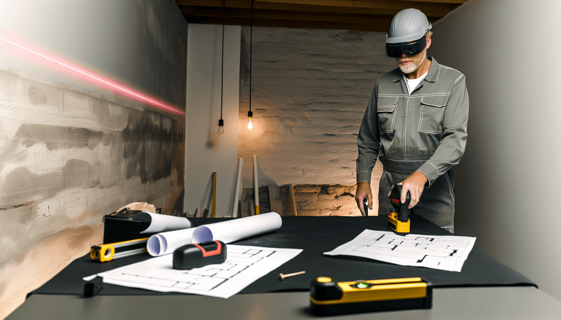 Håndværker måler og planlægger kælderrenovering