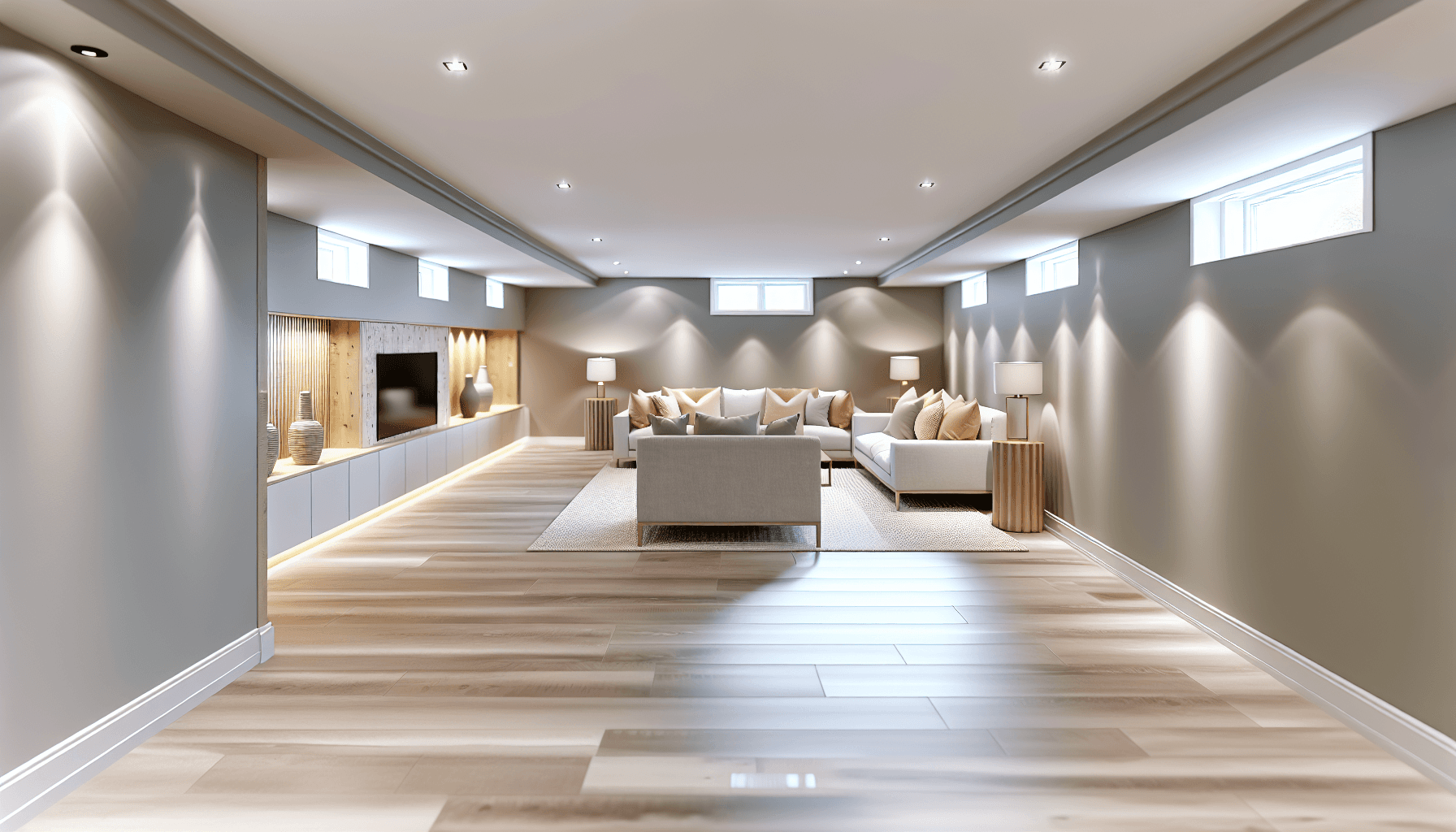 Moderne kælder med fuld indretning og belysning