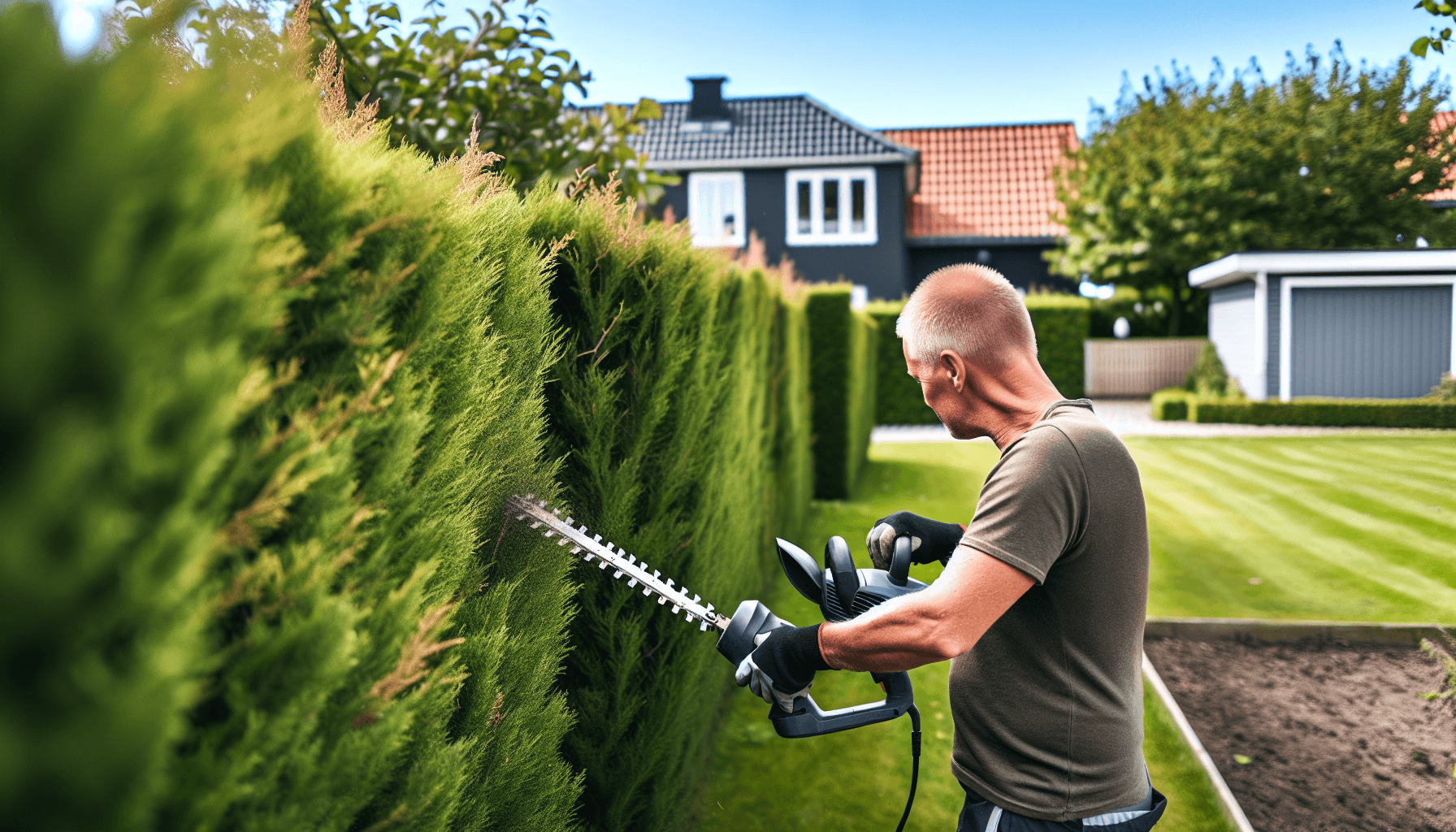 Dansk gartner klipper en høj ligusterhæk med professionelt værktøj