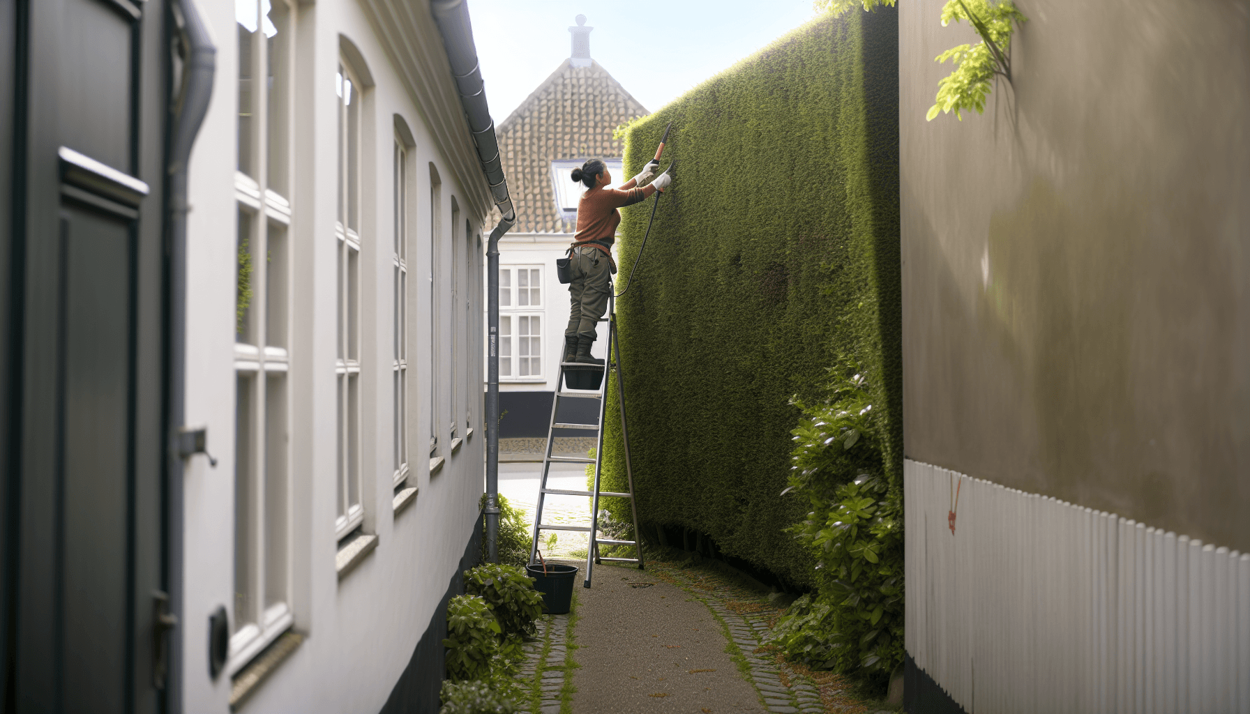 Gartner anvender stige til at klippe høj hæk i smal passage