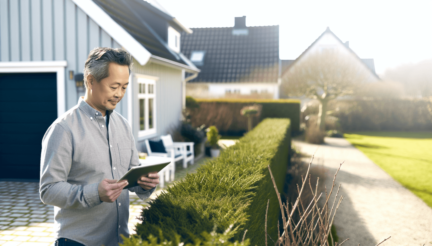 Boligejer sammenligner tilbud på tablet mens han står ved sin hæk