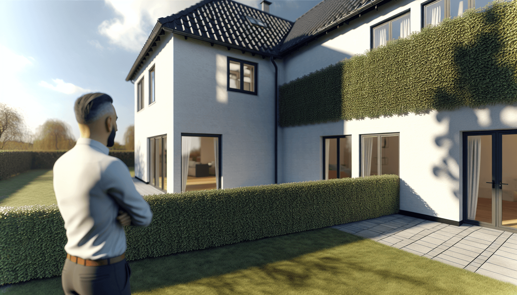 Professionelt klippet hæk foran dansk villa med tilfreds husejer