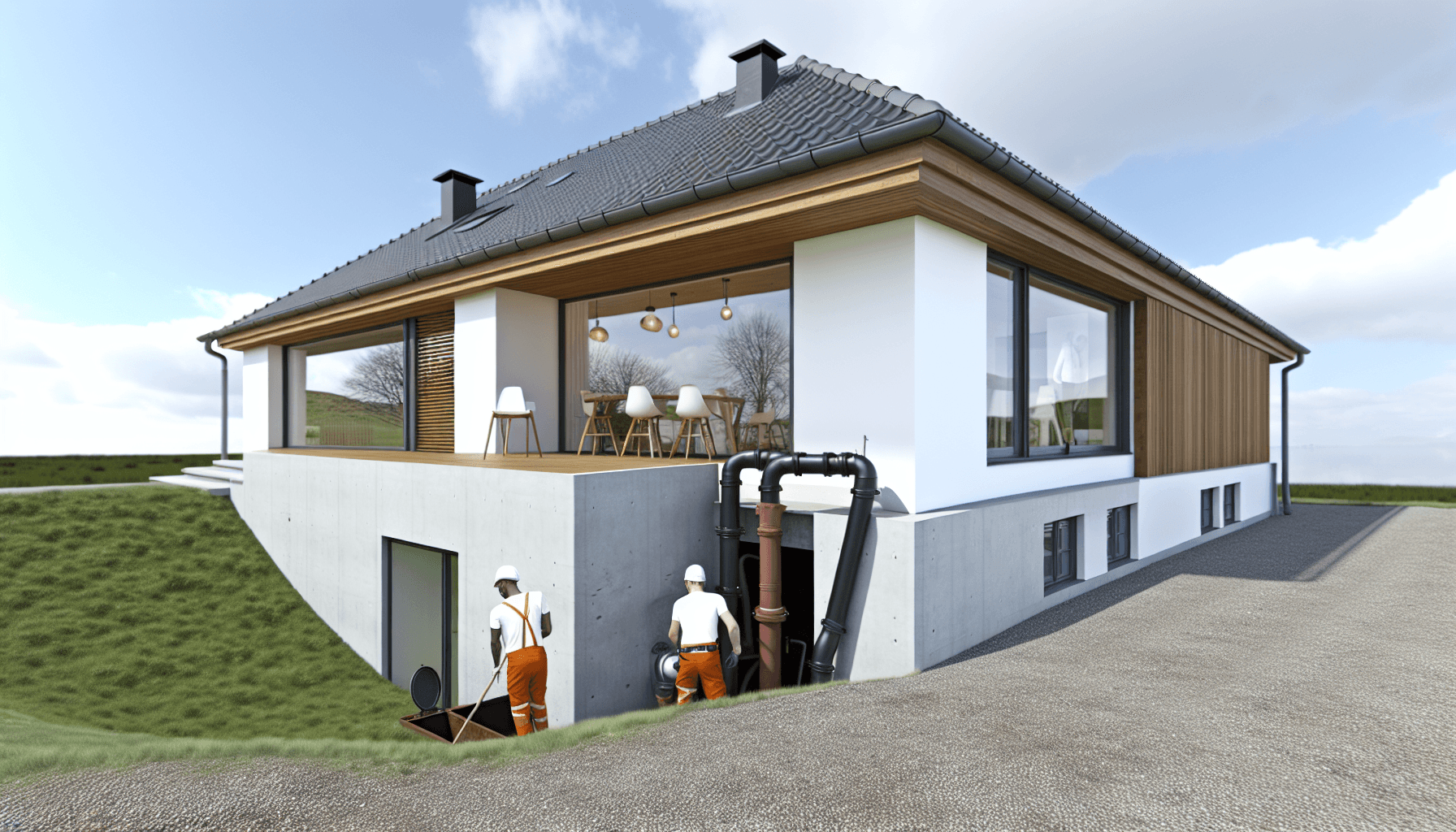 Moderne dansk villa med synlig kloak og afløbsarbejde