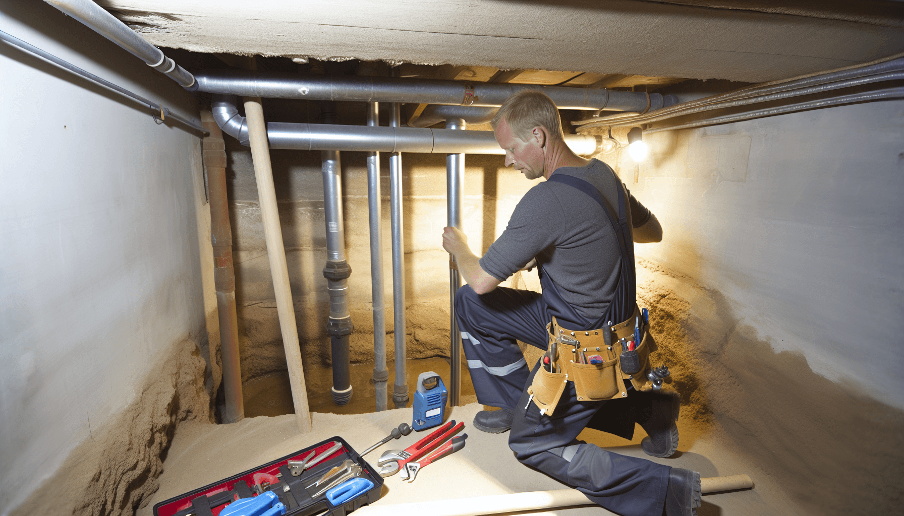 VVS-installatør arbejder med kloak-rør i dansk kælder