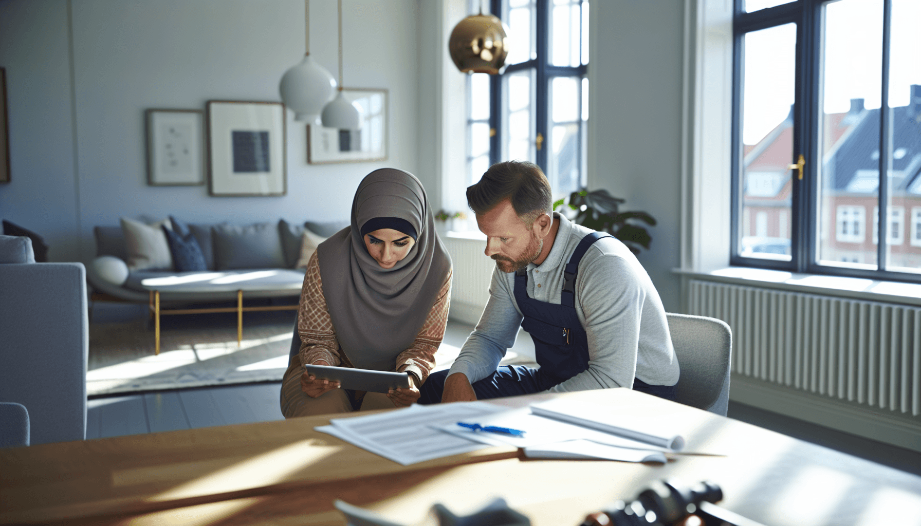 Dansk boligejer gennemgår tilbud på tablet med VVS-installatør