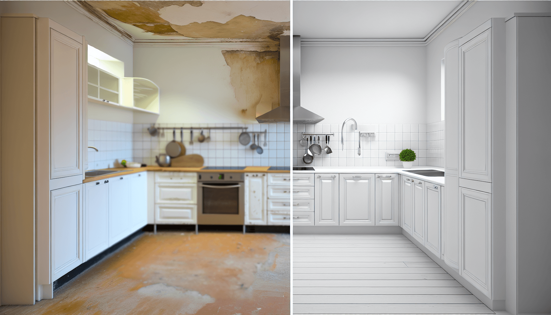 Før og efter billede af køkkenrenovering