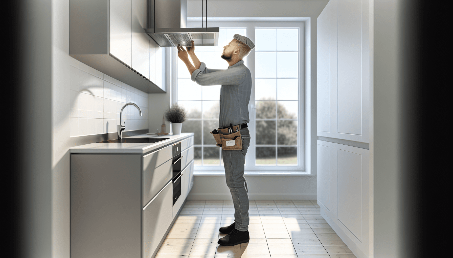 Håndværker der installerer emhætte og ventilation