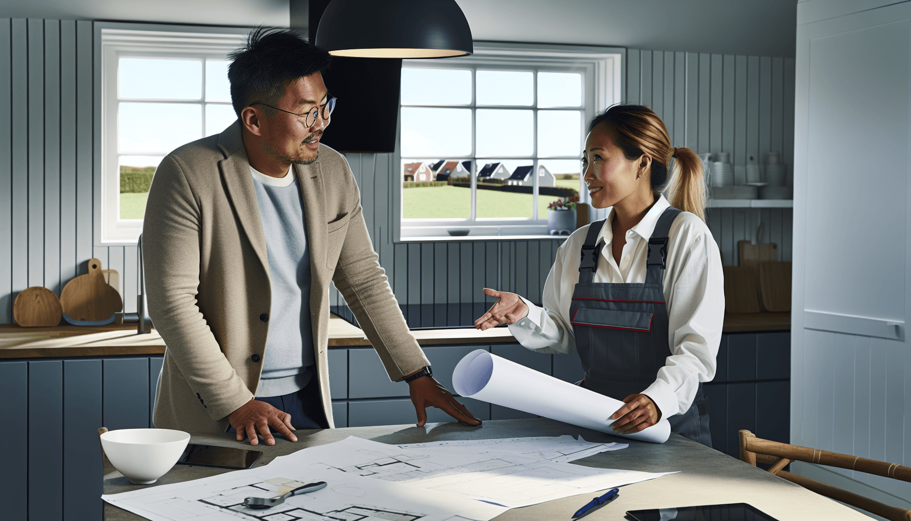 Møde mellem boligejer og køkkenmontør der gennemgår planer