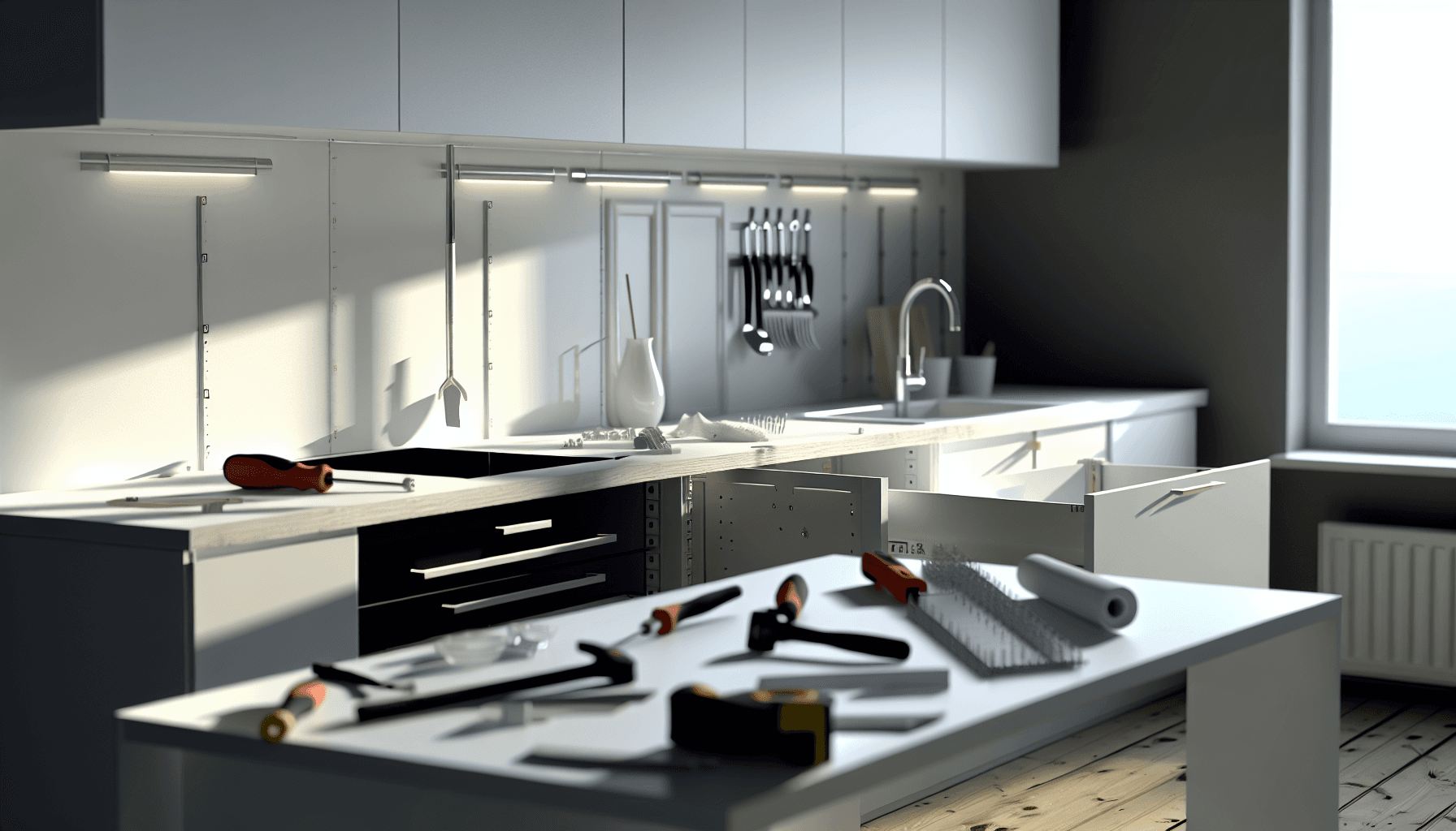 Moderne dansk køkken under renovering med værktøj på bordet