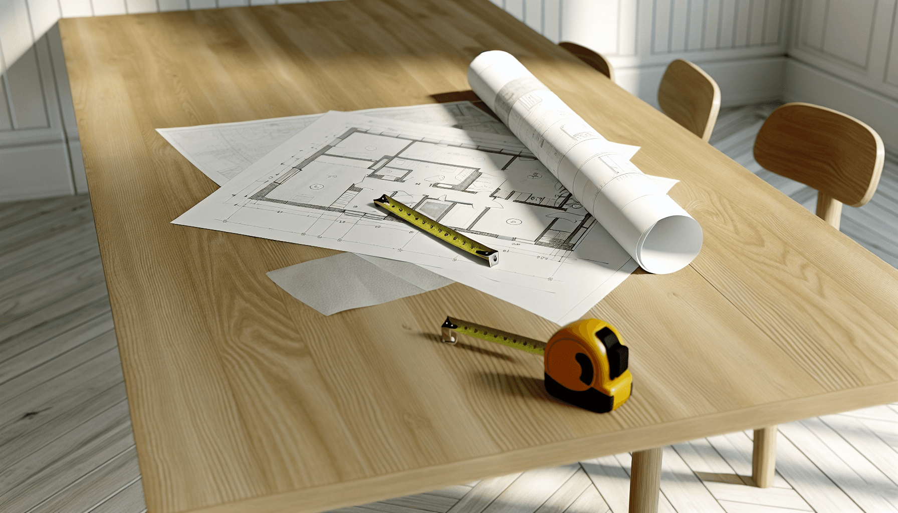 Køkkenplanlægning med tegninger og målebånd på bord